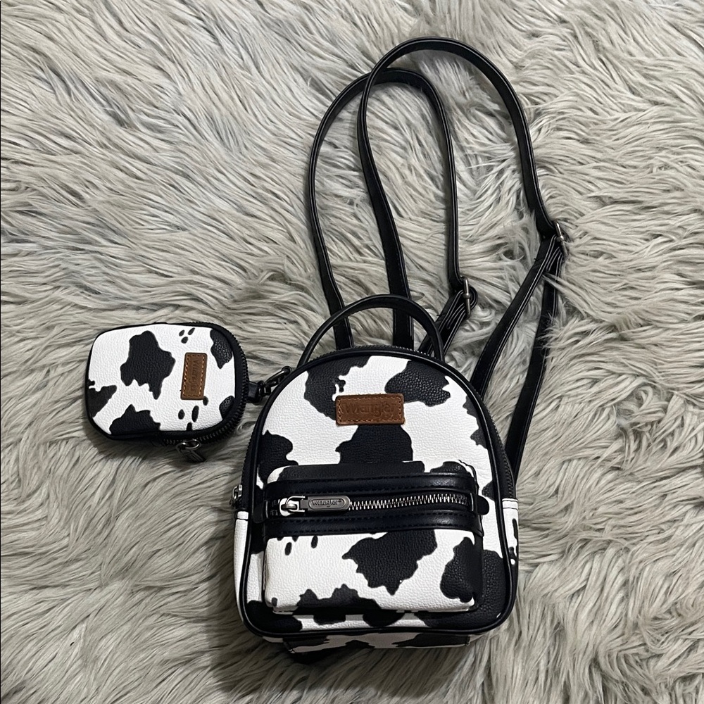 Wrangler Black and White Cow Print Mini Backpack with Coin Pouch